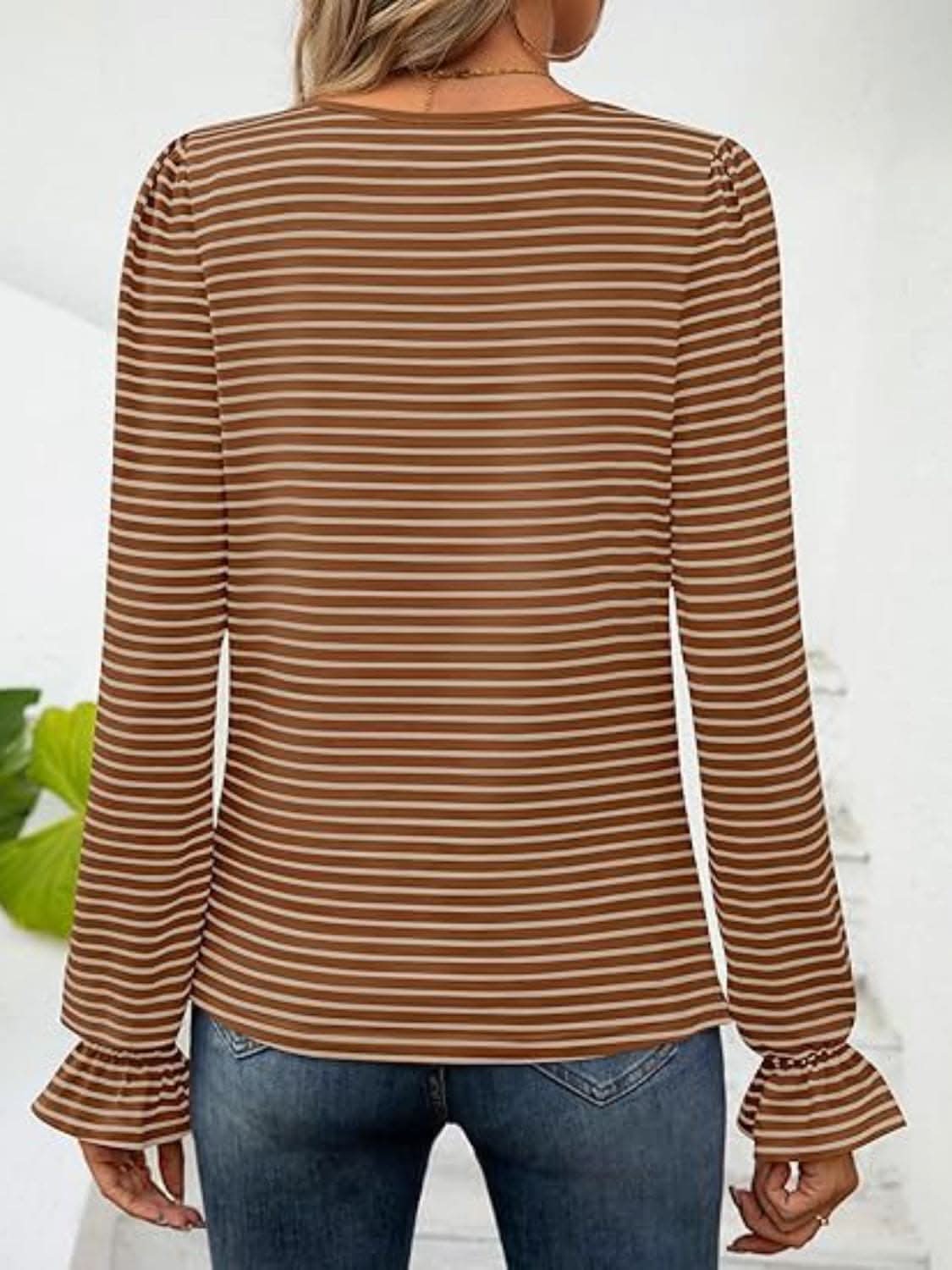 Chic striped flounce sleeve top - Love Salve